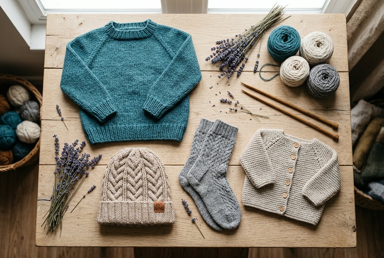 Muestra de sweaters, gorros y prendas tejidas de lana